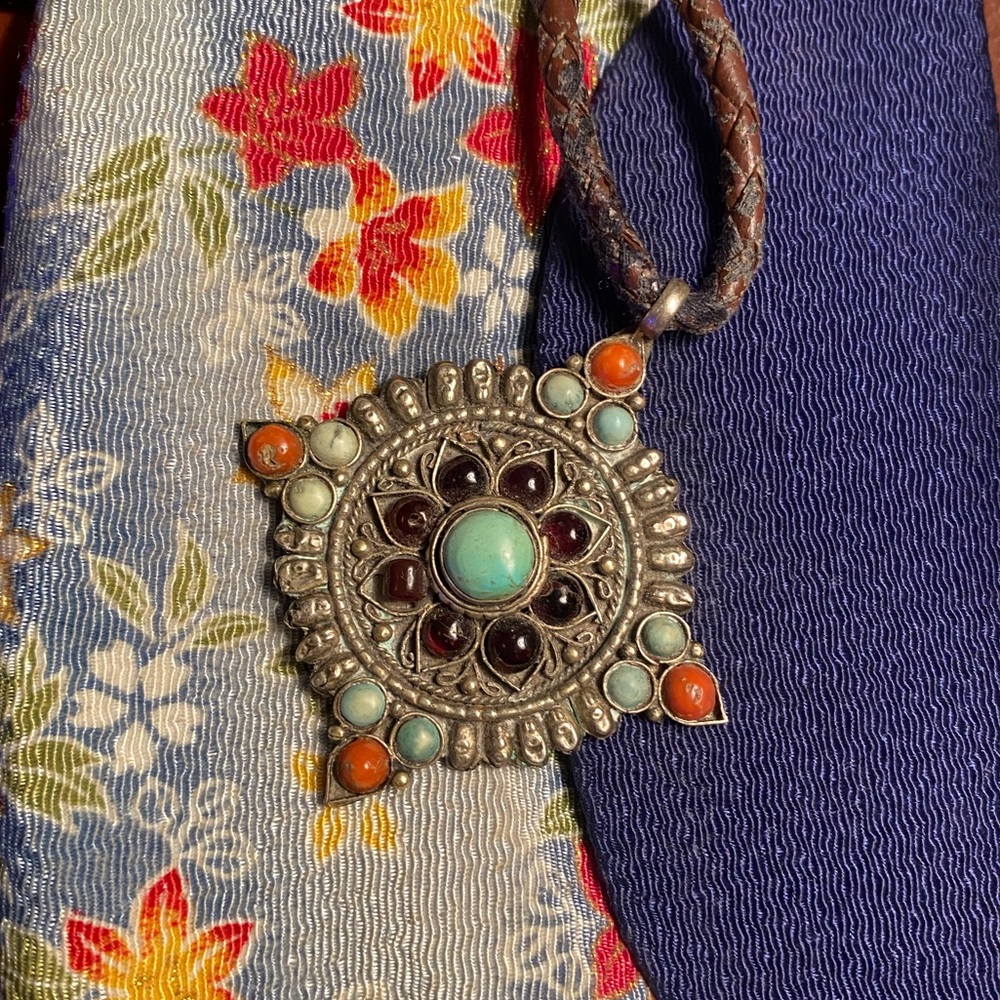 Four point star/mandala/ flower pendant. Turquoise and other gemstones